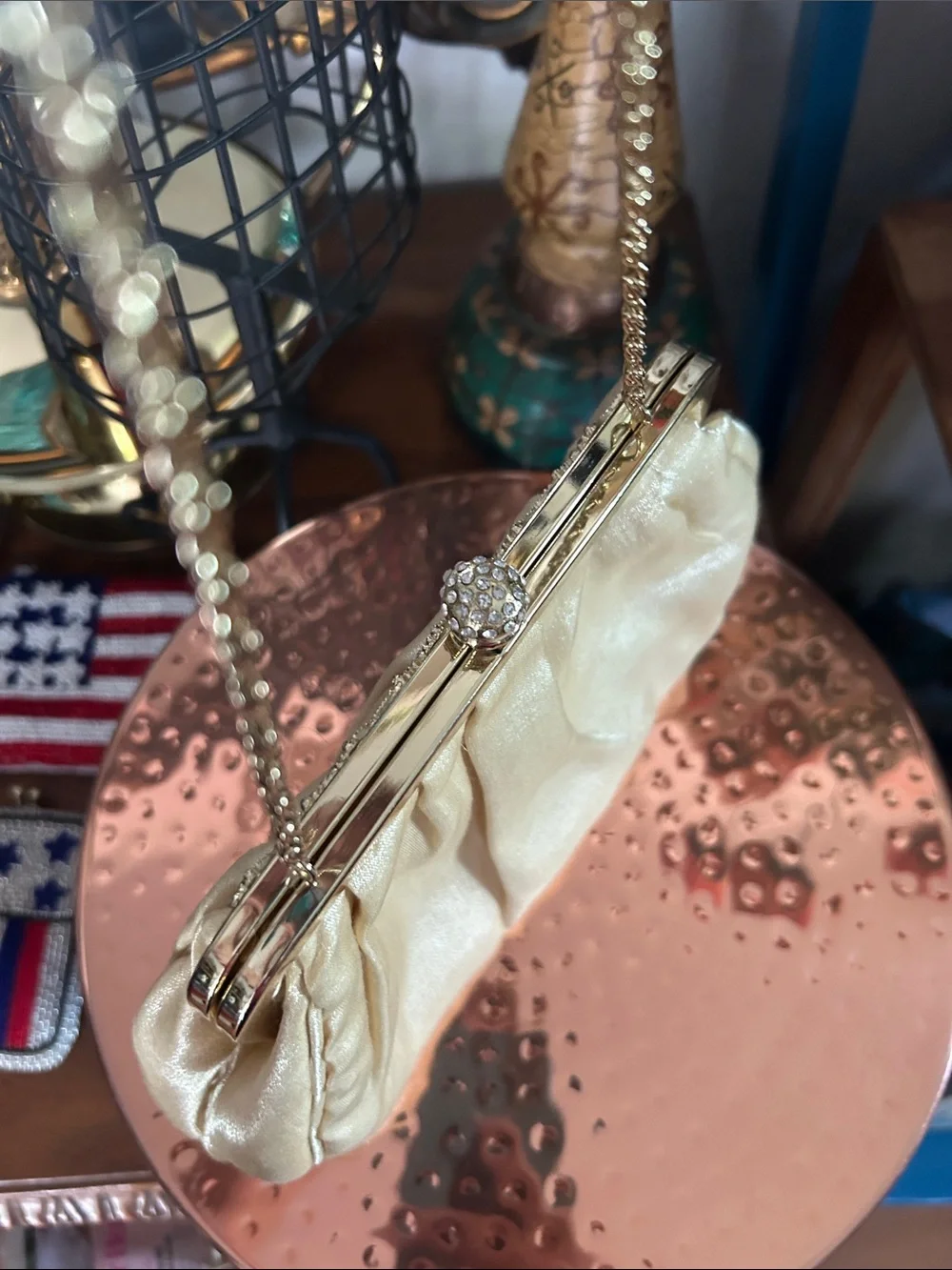Elegant Cream Satin Evening Clutch with Gold Hardware